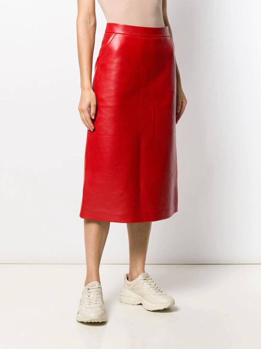 NWT Gucci Red Shiny Lambskin Leather Mid-Length GG Logo Skirt 44IT/8US $3200.00